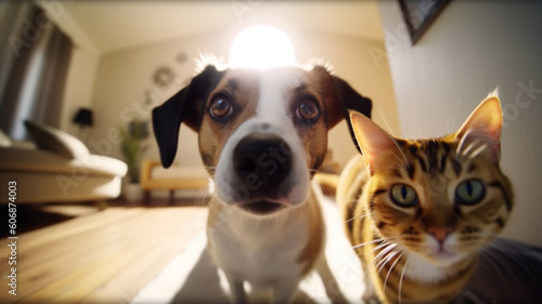 Cute dog and cat looking into camera at eye level. Generative AI