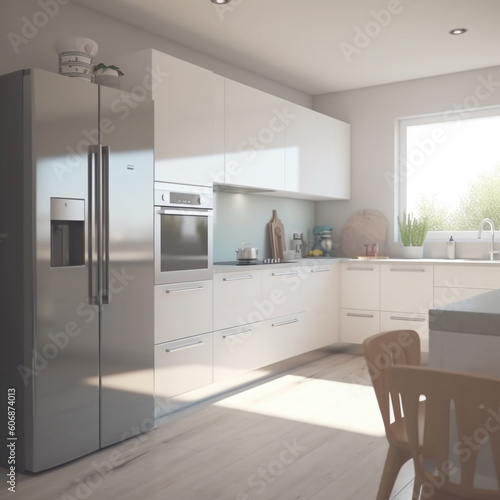 Pleasant indoor kitchen with morning sunlight. Generative AI