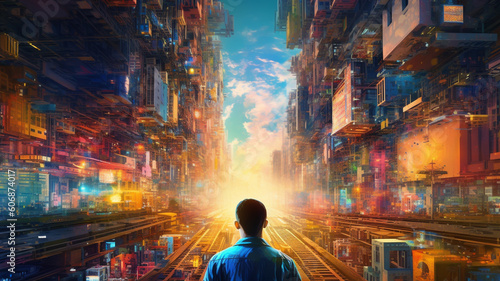 Man looking out amongst a colorful scifi citiscape. Generative AI