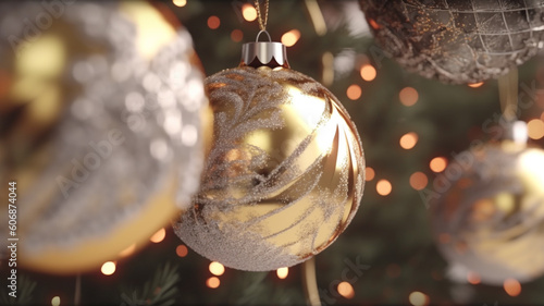 Closeup of Christmas Ball decorations on Christmas Tree. Generative AI 
