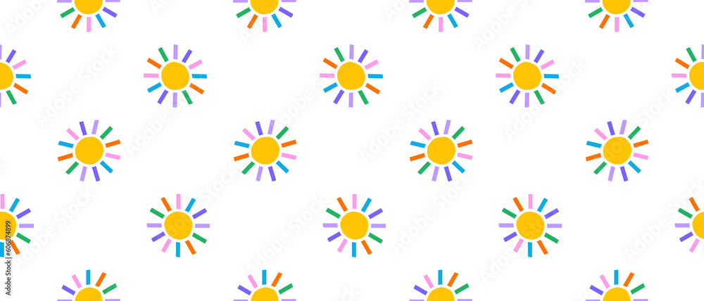 Trendy Cute Seamless Vector Pattern with Colorful Suns on a White Background. Simple Infantile Style Abstract Doodles Repeatable Design with Rainbow Colors Suns ideal for Fabric. Rgb Vivid Colors.
