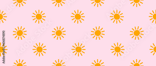 Trendy Cute Seamless Vector Pattern with Yellow Suns on a Pastel Pink Background. Simple Infantile Style Abstract Doodles Repeatable Design with Rainbow Colors Suns ideal for Fabric. Rgb Colors.