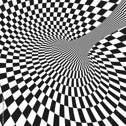 Abstract optical illusion. Hypnotic tunnel with black and white squares. Vector illustration.