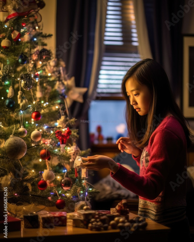 AI generated portrait of young Asian woman decorated Christmas tree