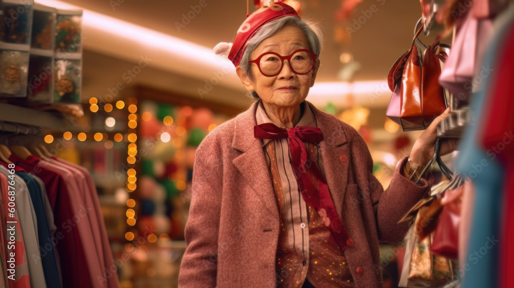 AI generated portrait of Asian old lady shopping in mall decorated for Christmas