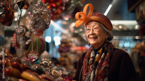 AI generated portrait of Asian old lady shopping in mall decorated for Christmas