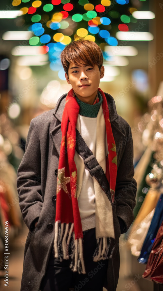 AI generated portrait of Asian young man shopping in mall decorated for Christmas AI generated portrait of Asian young man shopping in mall decorated for Christmas