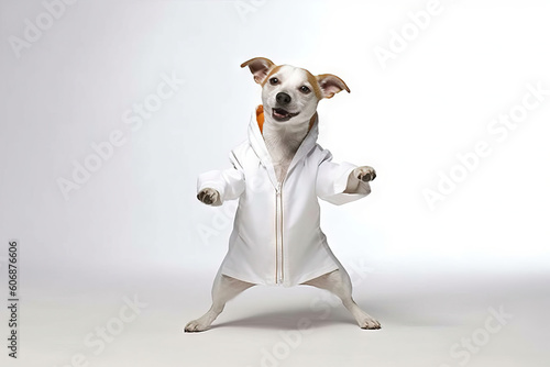 portrait of a dressed dog dancing over a white background