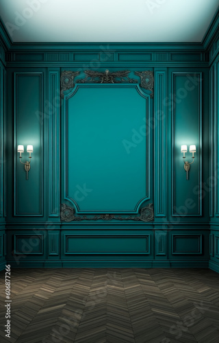 Room with white walls and blue trim  in the style of dark green and light cyan  decorative backgrounds  classical architectural details. Generative Ai Illustration.