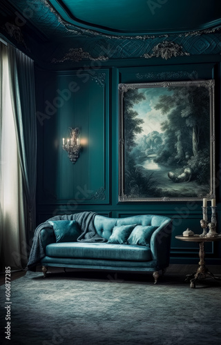 Room with white walls and blue trim  in the style of dark green and light cyan  decorative backgrounds  classical architectural details. Generative Ai Illustration.
