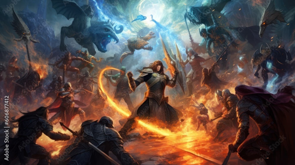 Epic fantasy battle between different races and factions, featuring ...