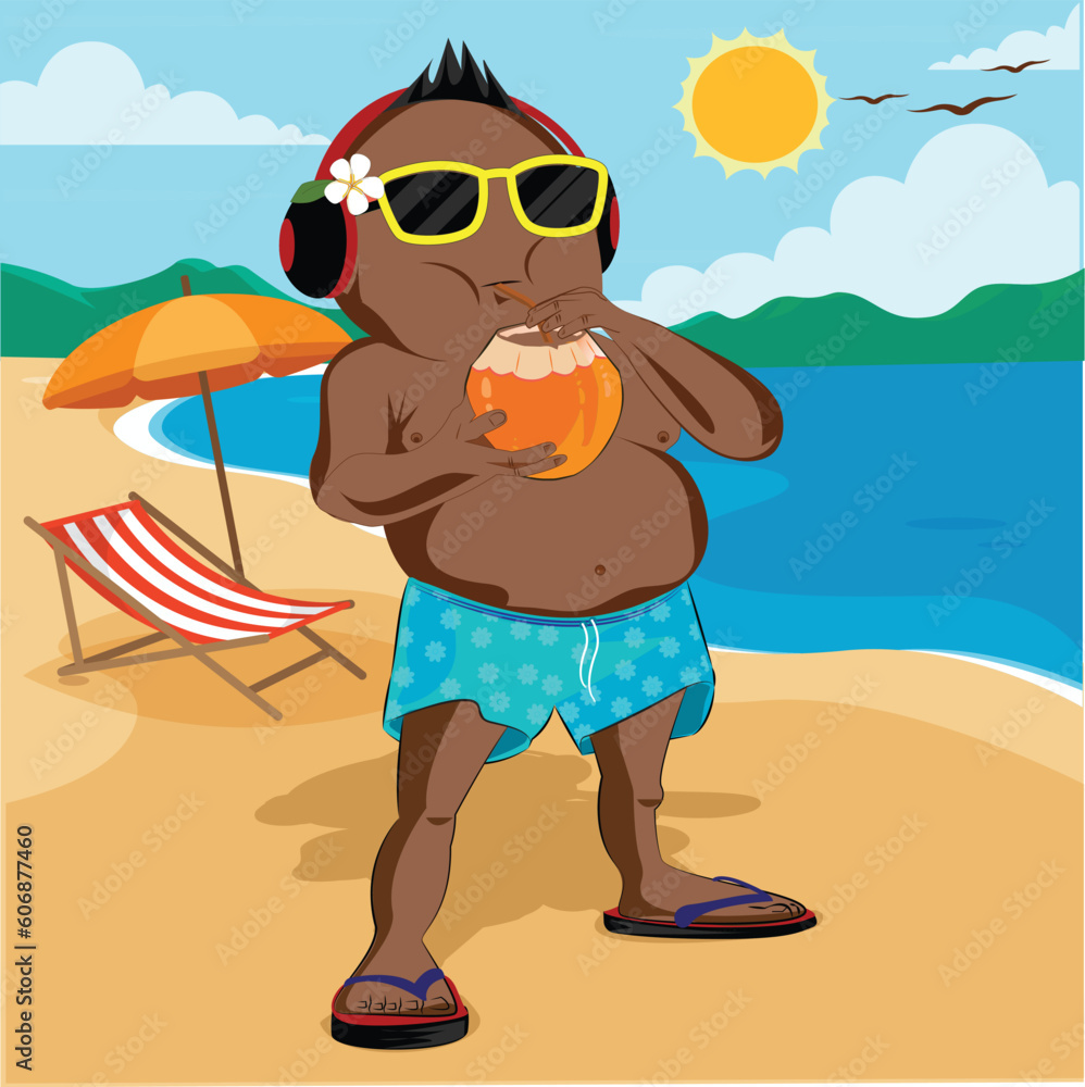 Summer Vacation: A man enjoying a holiday vacation at the tropical beach. vector illustration 