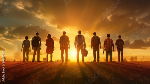 Group of people looking out towards the sunset. Generative AI.