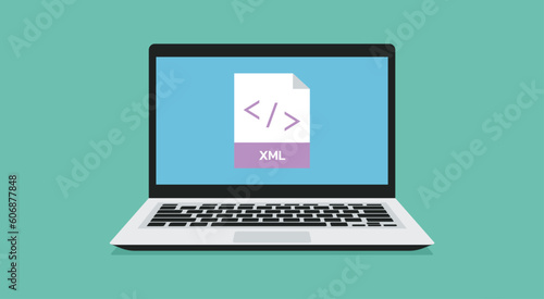 file format icon with XML label on laptop screen, vector flat illustration