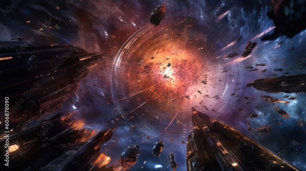 Epic space battle between starships, with laser beams, explosions, and futuristic weaponry lighting up the cosmic void Epic space battle between starships, with laser beams, explosions, and futuristic weaponry lighting up the cosmic void