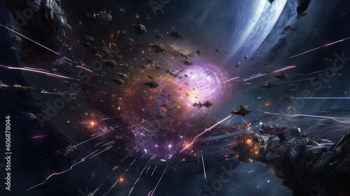 Epic space battle between starships, with laser beams, explosions, and futuristic weaponry lighting up the cosmic void