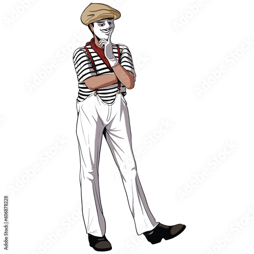 Isolated vector EPS Semi realistic Cartoon mime artist  character thinking

