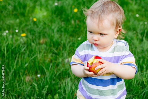 Cute little toddler boy eating ripe red apple outdoor