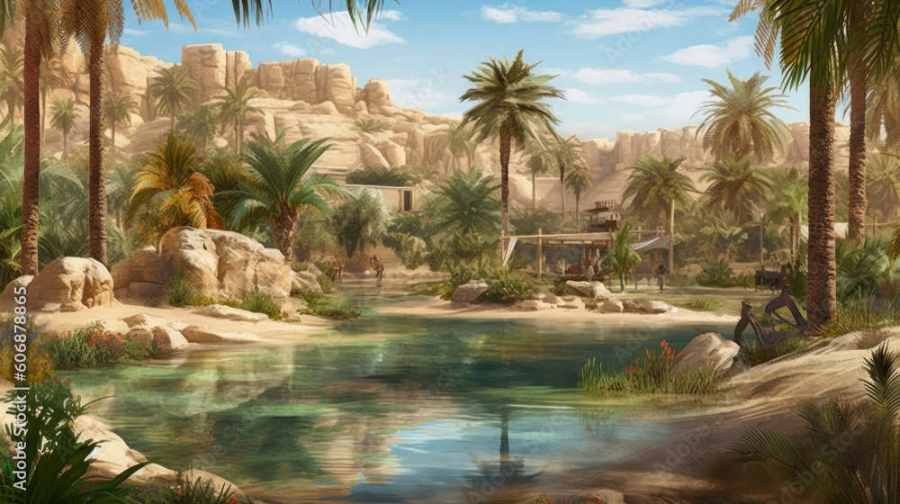 Illustrate an oasis in a vast desert, with palm trees, flowing water, and a sense of tranquility amidst the arid landscape Illustrate an oasis in a vast desert, with palm trees, flowing water, and a sense of tranquility amidst the arid landscape