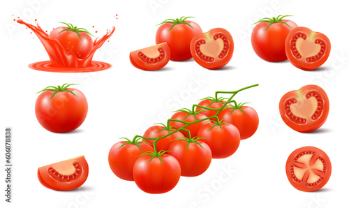 Set of red tomatoes isolated on white background. Realistic 3d Vector illustration. Whole, half and slice, branch of red cherry tomatoes. Ripe tomato in red juicy splash. Fresh vegetables