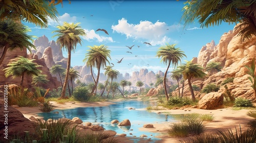 Illustrate an oasis in a vast desert  with palm trees  flowing water  and a sense of tranquility amidst the arid landscape