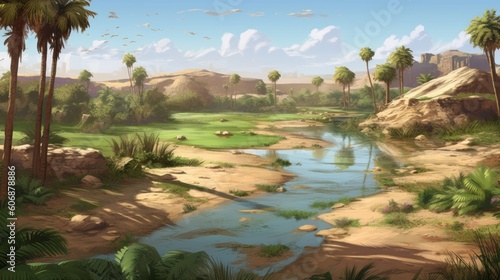 Illustrate an oasis in a vast desert, with palm trees, flowing water, and a sense of tranquility amidst the arid landscape