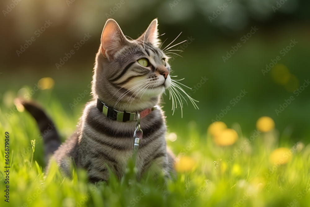 gray happy cat in a collar walks in the grass. generated by ai. advertisement for tick collars. animal feed Generative AI