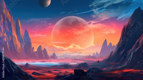 Paint breathtaking landscapes on distant planets or moons, featuring alien terrains, colorful atmospheres, and breathtaking vistas