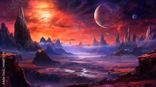 Paint breathtaking landscapes on distant planets or moons, featuring alien terrains, colorful atmospheres, and breathtaking vistas © Damian Sobczyk