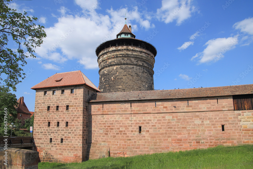 The Spiller gate tower (Spillertor Turm) and the city wall in the old town of Nuremberg - Germany 