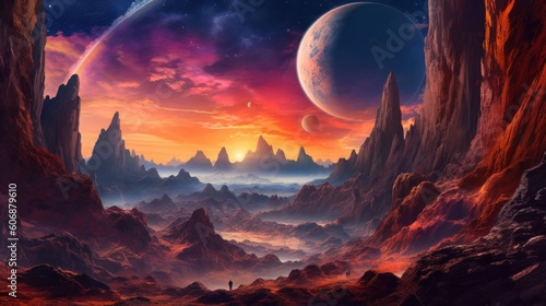 Paint breathtaking landscapes on distant planets or moons, featuring alien terrains, colorful atmospheres, and breathtaking vistas