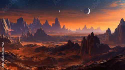 Paint breathtaking landscapes on distant planets or moons, featuring alien terrains, colorful atmospheres, and breathtaking vistas