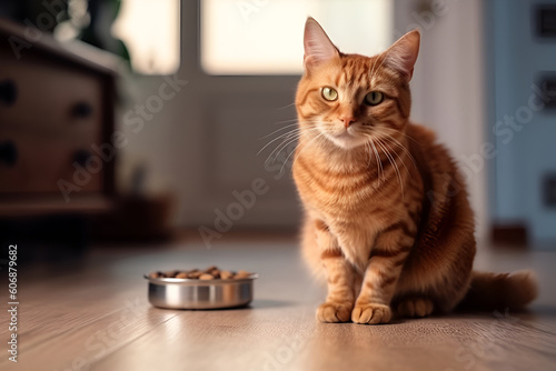 red cat sits next to an iron bowl with dry food in room. AI generated. The concept of animal feed and pet stores. Generative AI