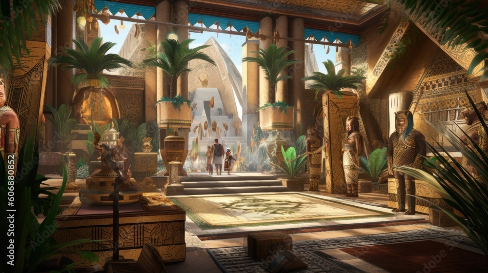 Scene inspired by ancient Egyptian mythology, featuring gods, pharaohs, pyramids, and mystical artifacts, immersing players in the rich lore of ancient Egypt