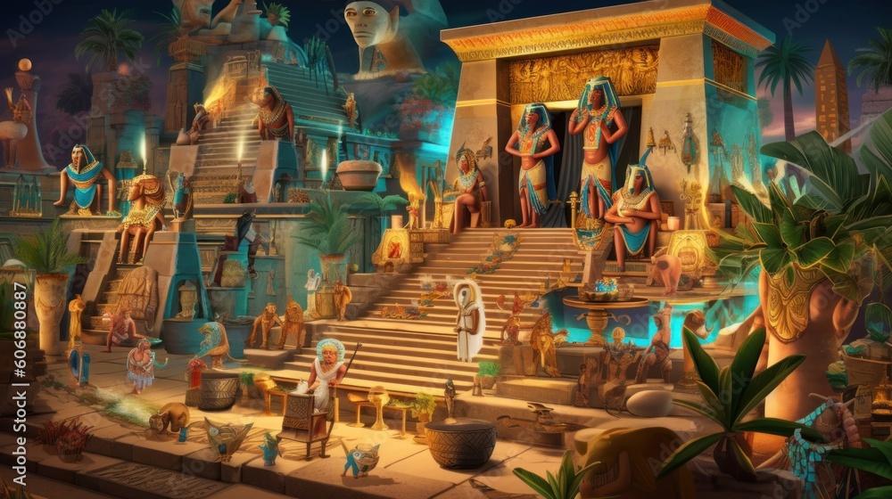 Scene inspired by ancient Egyptian mythology, featuring gods, pharaohs, pyramids, and mystical artifacts, immersing players in the rich lore of ancient Egypt