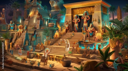 Scene inspired by ancient Egyptian mythology, featuring gods, pharaohs, pyramids, and mystical artifacts, immersing players in the rich lore of ancient Egypt