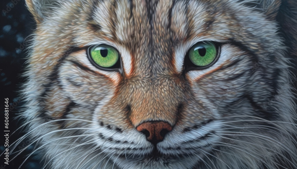 Fototapeta premium The close-up of a bobcat's face had shining green eyes. (Generative AI)