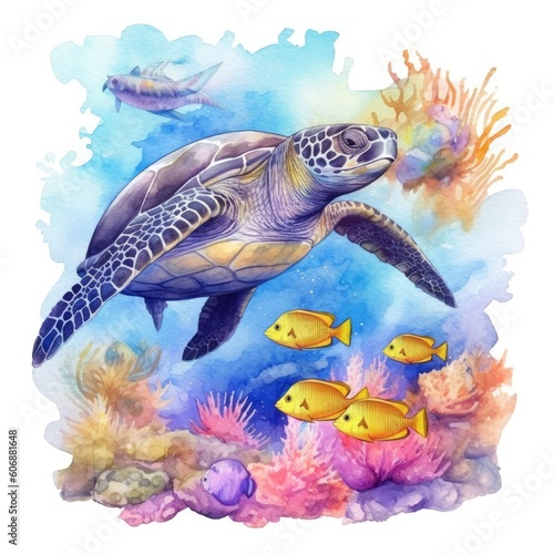 The underwater sea world has colorful tropical fish and turtles. (Watercolor style, Generative AI) © HandmadePictures