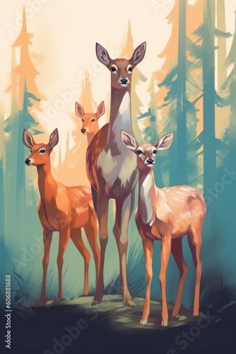 A group of deer by animals. (Illustration, Generative AI) © HandmadePictures