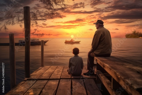 Bridging Generations: Grandpa and Grandson Overlooking the Ocean at Sunset. Generative AI