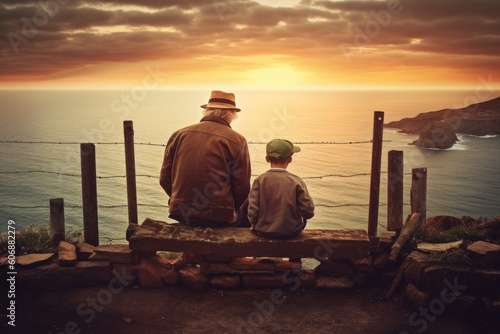 Bridging Generations: Grandpa and Grandson Overlooking the Ocean at Sunset. Generative AI