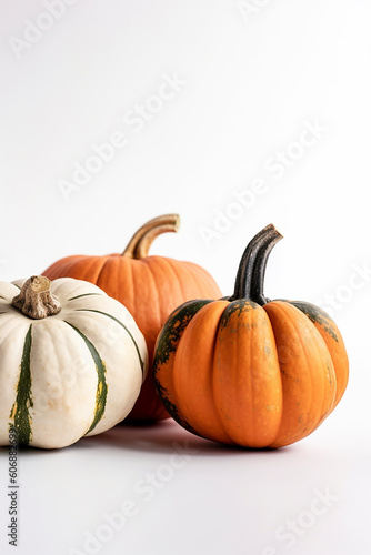 Three assorted pumpkins isolated on white background, vertical. AI generated