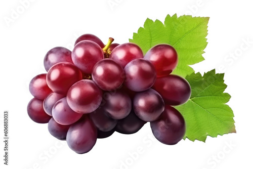 Red grape with leaves on transparent background