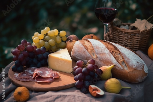 Autumn picnic. Table with grape, figs, bread, jamon, cheese and wine served outdoor. AI generative