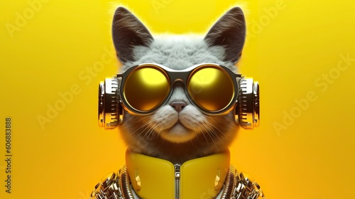 Stylish cat character with sunglasses on yellow background. Generative AI