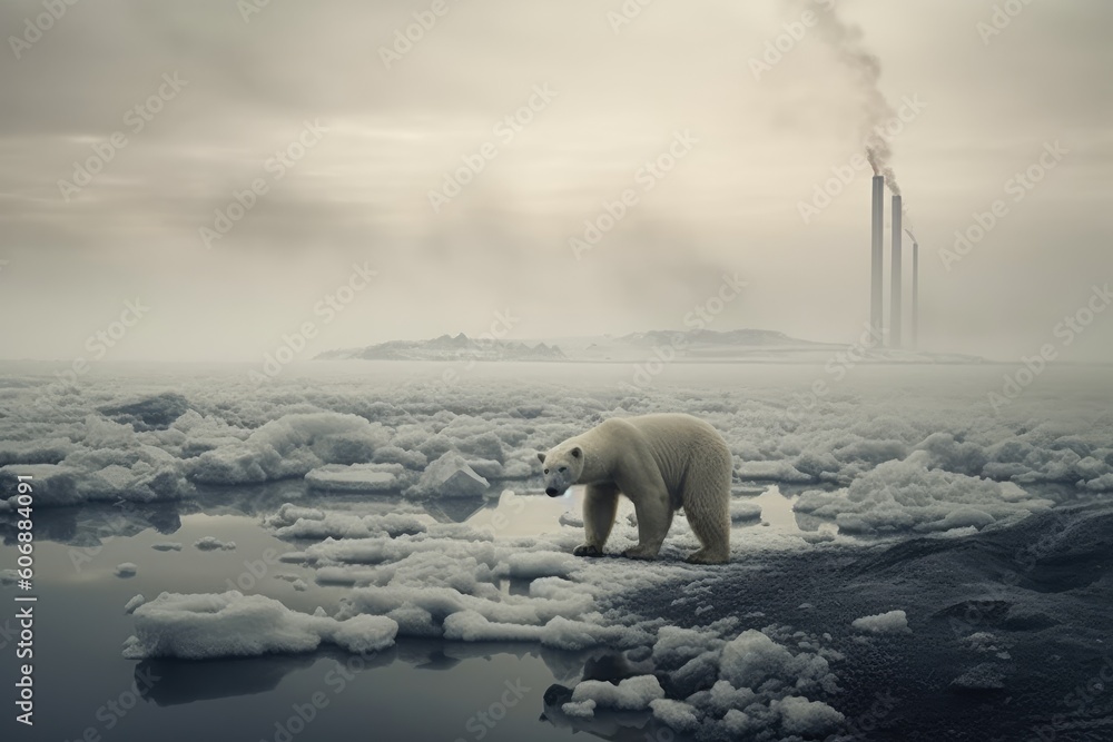 Φωτογραφία Against the backdrop of hazy industrial chimneys, a polar bear emerges, representing the impact of global warming on the delicate balance of nature and human civilization