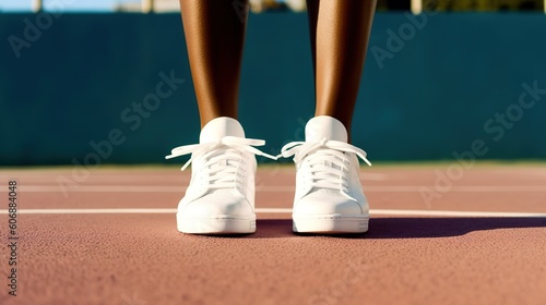 Black woman in white sneakers on tennis court. Generative AI