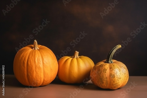 three assorted pumpkins on dark background, horizontal. Halloween and Thanksgiving autumn concept. AI generated