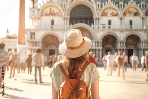 Young girl with backpack in hat stands with her back in St. Marks Square and looks at the Doges Palace. Generative AI content.