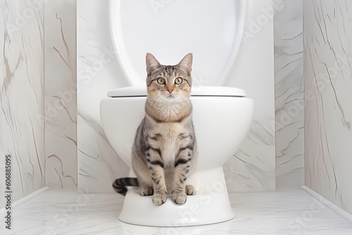 domestic cat sits in the bathroom near the white toilet. potty training animals. generated by AI Generative AI
